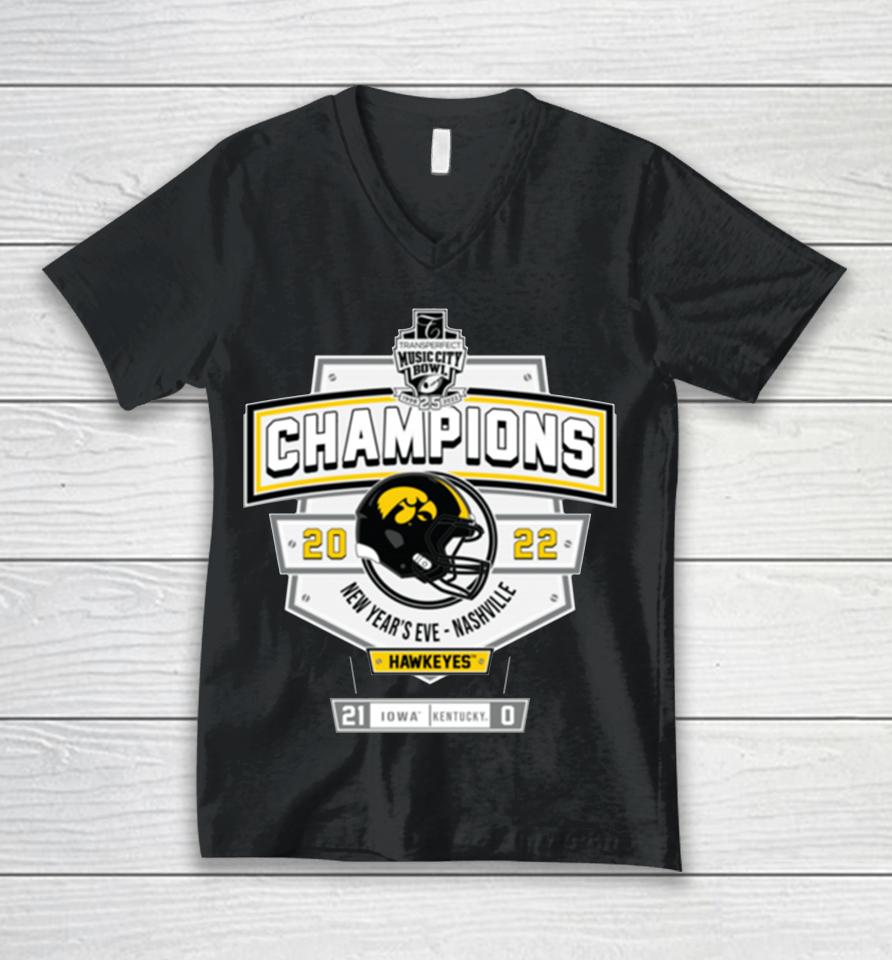 Men's White Iowa Music City Bowl Champions Score Unisex V-Neck T-Shirt
