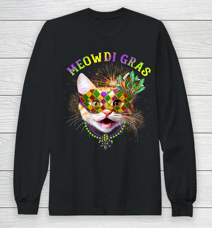 Meowdi Gras Kitten Cat Mask Beads Mardi Gras Funny Gift Long Sleeve T-Shirt