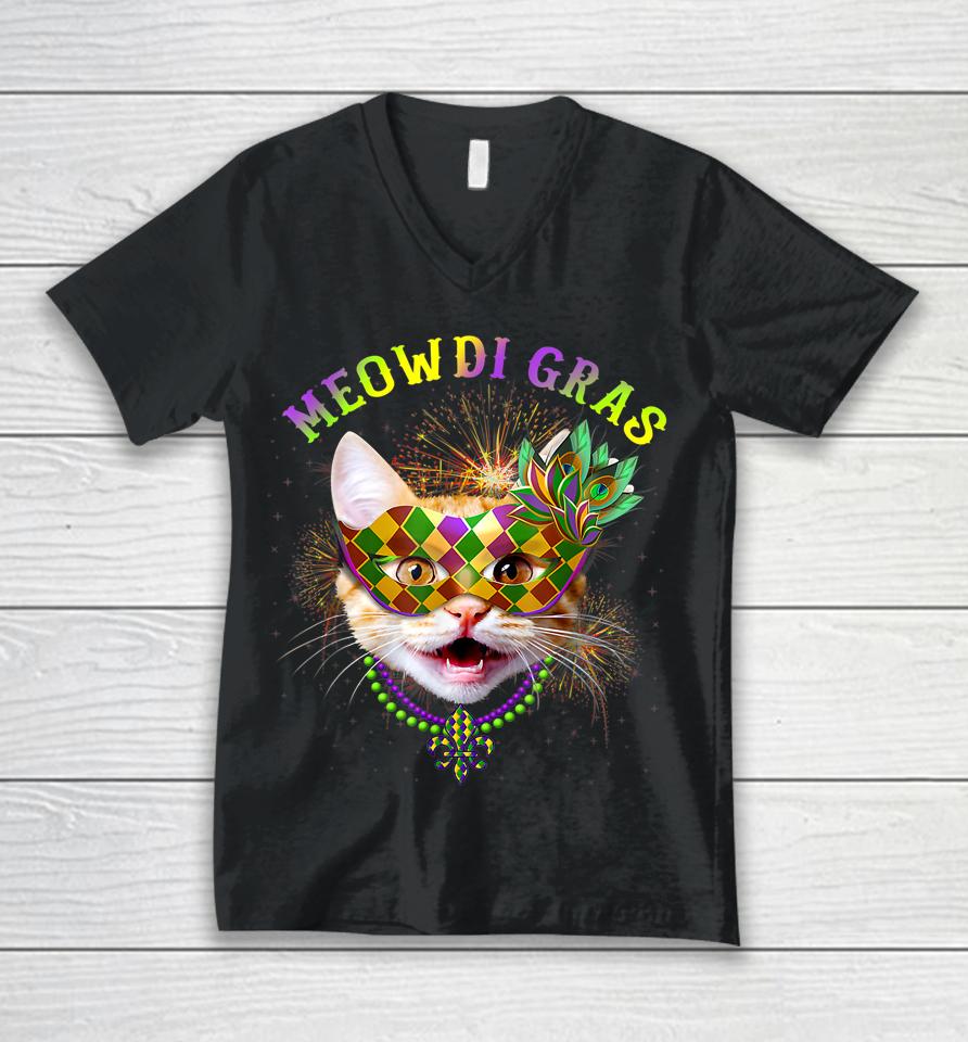Meowdi Gras Kitten Cat Mask Beads Mardi Gras Funny Gift Unisex V-Neck T-Shirt