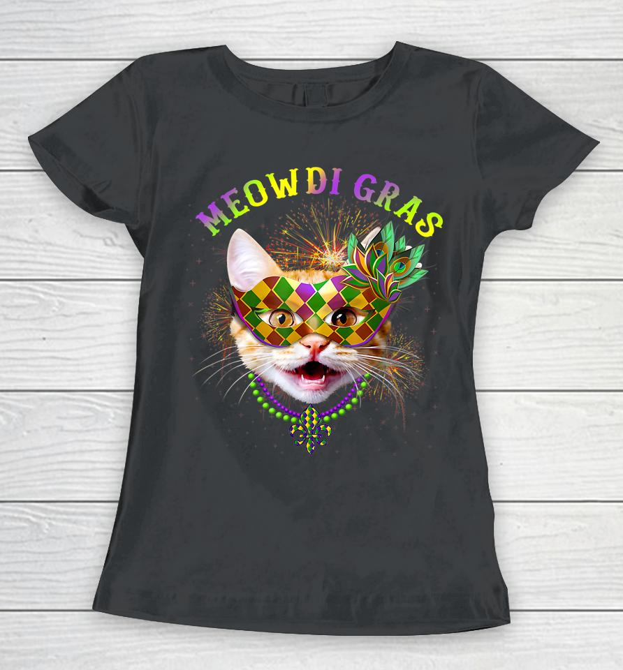 Meowdi Gras Kitten Cat Mask Beads Mardi Gras Funny Gift Women T-Shirt