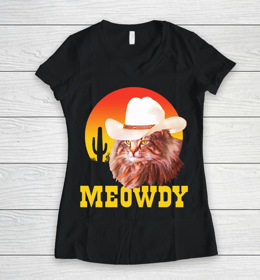 Meowdy Country Music Cat Cowboy Hat Vintage Women V-Neck T-Shirt