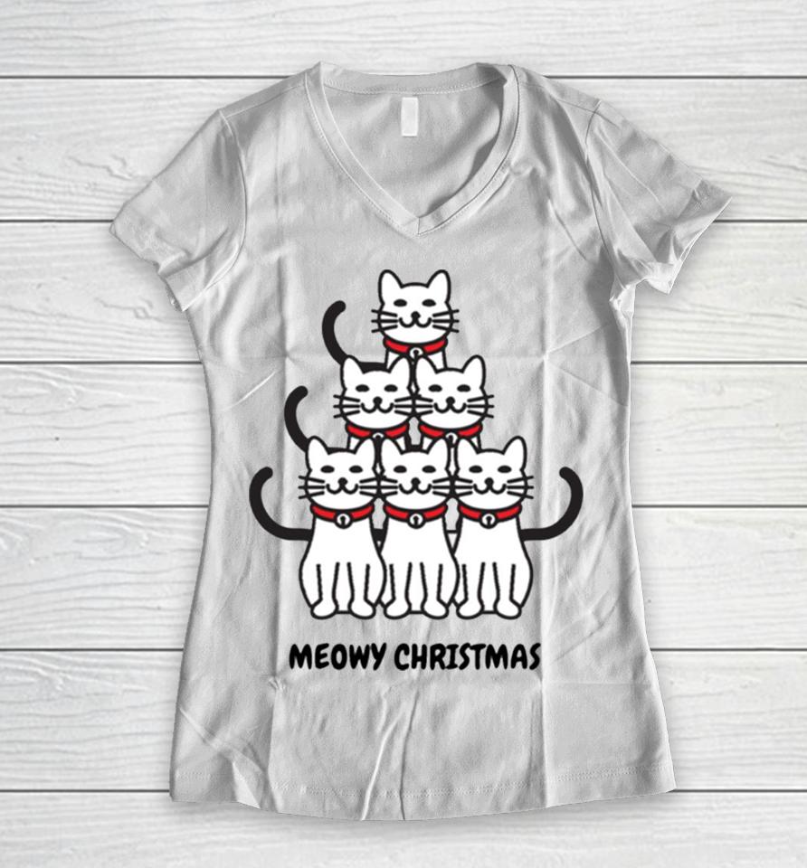 Meowy Christmas Tree Crazy Cat Lady Women V-Neck T-Shirt