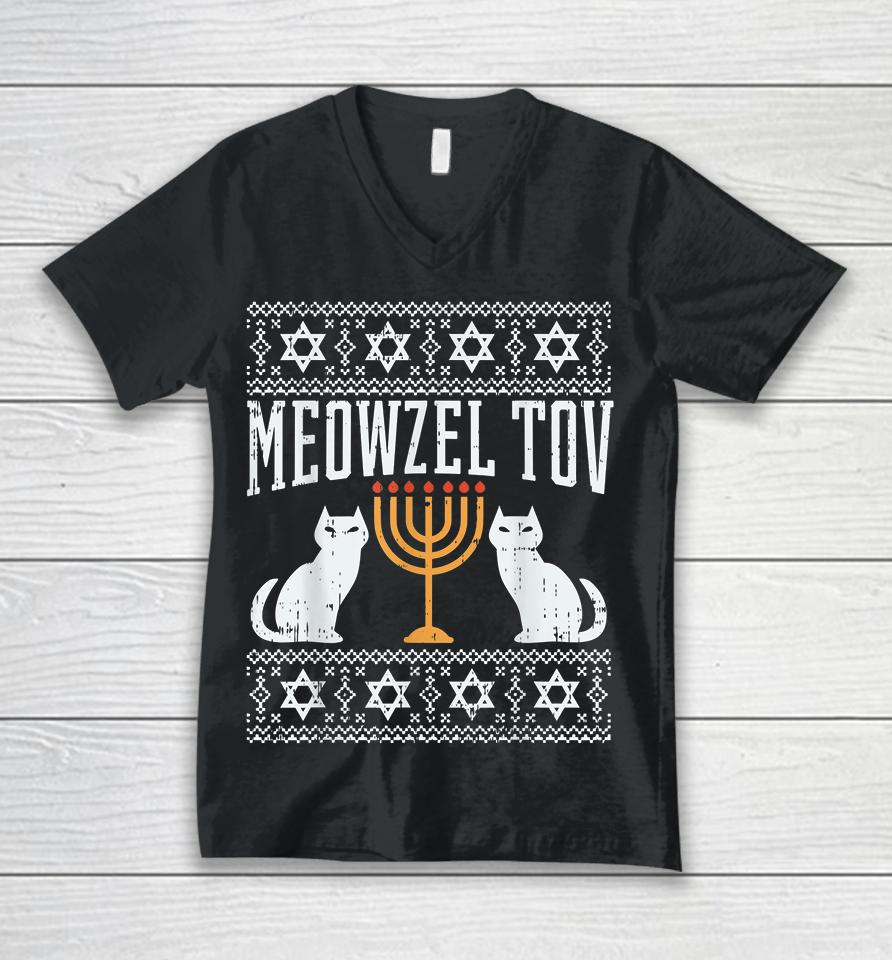 Meowzel Tov Chanukah Jewish Cat Owner Ugly Hanukkah Unisex V-Neck T-Shirt