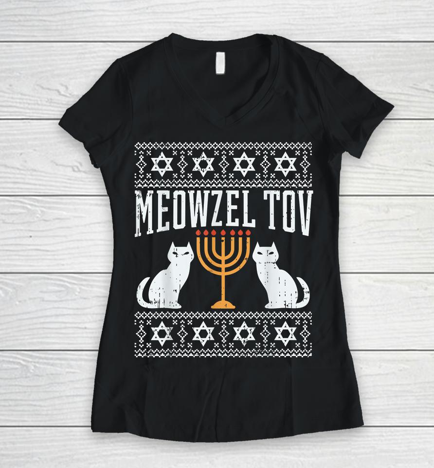 Meowzel Tov Chanukah Jewish Cat Owner Ugly Hanukkah Women V-Neck T-Shirt