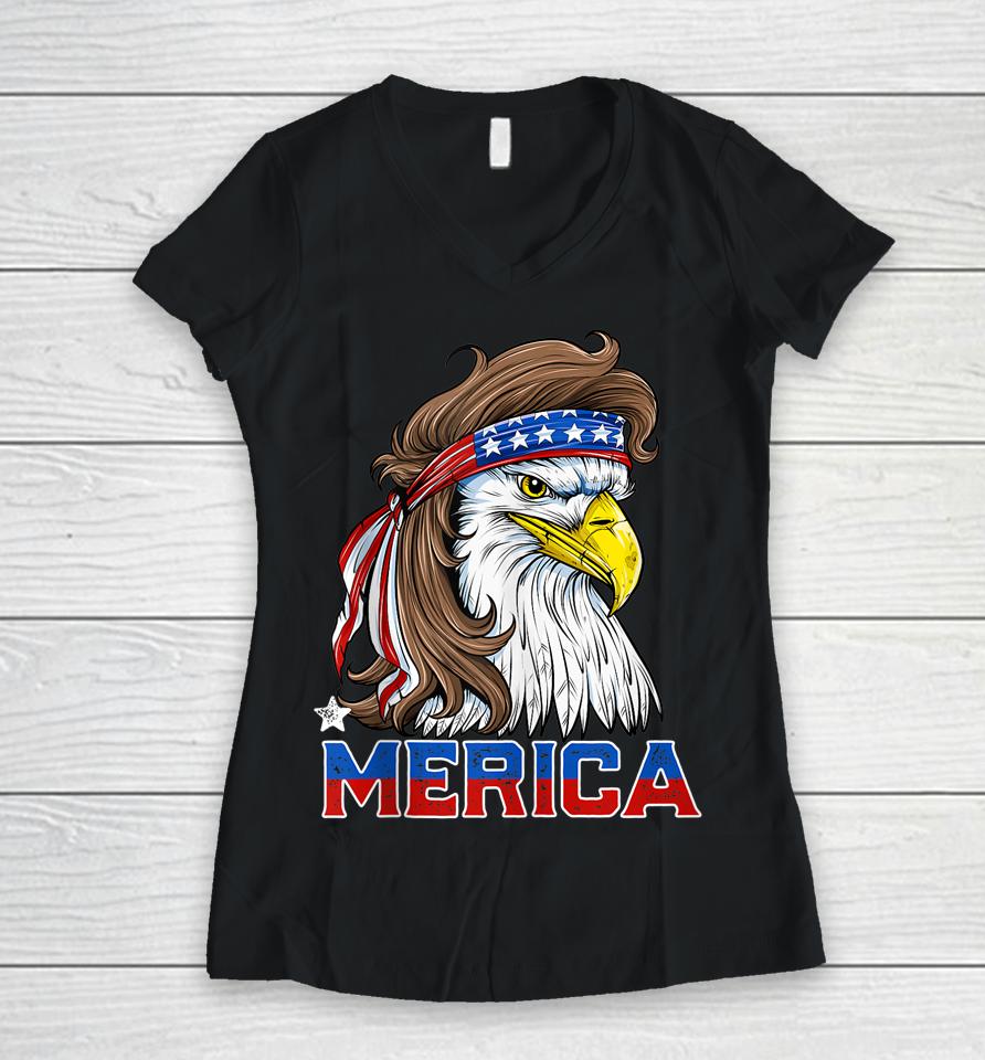 Merica Eagle Mullet 4Th Of July American Flag Usa Women V-Neck T-Shirt
