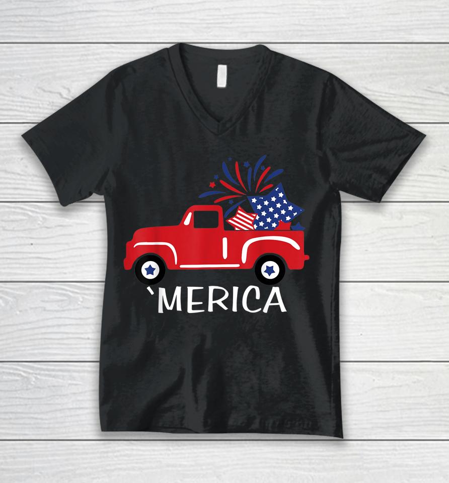 Merica Truck 4Th Of July Boys Girls Men Women Usa Flag Unisex V-Neck T-Shirt