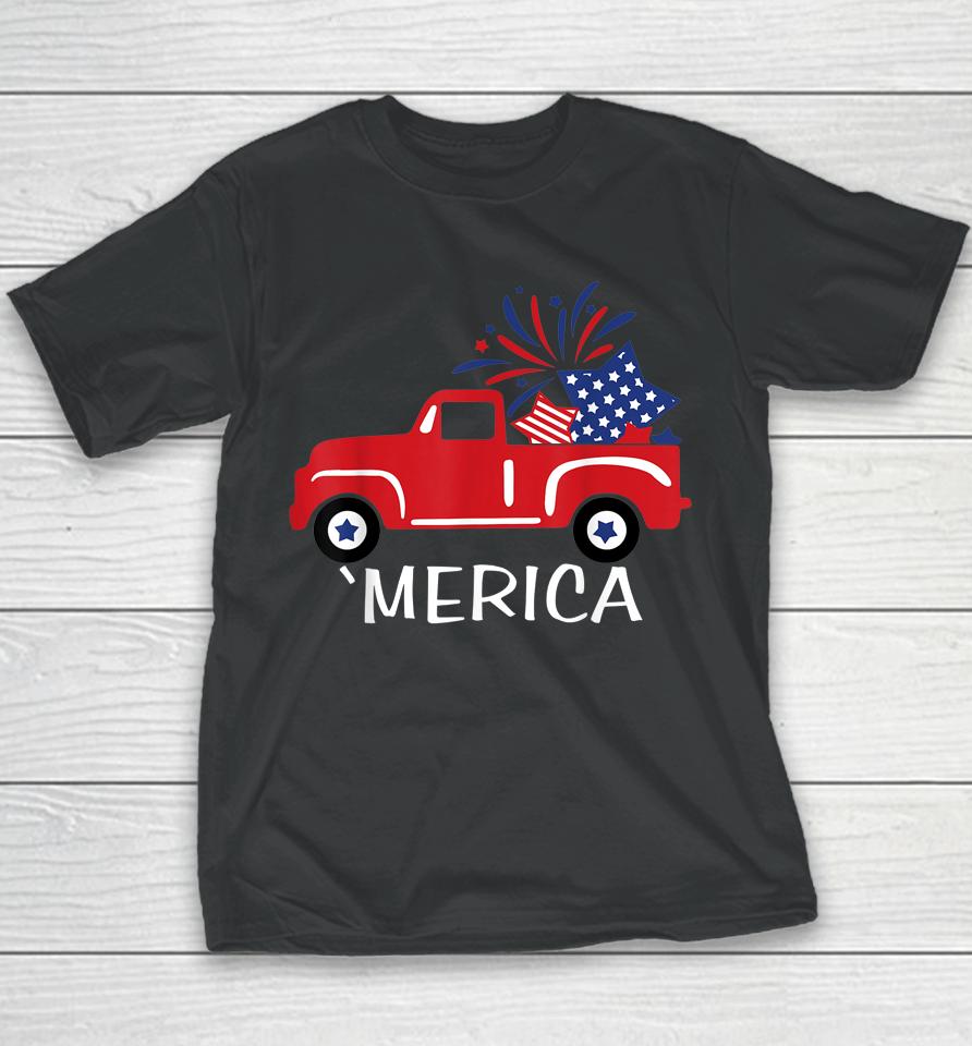 Merica Truck 4Th Of July Boys Girls Men Women Usa Flag Youth T-Shirt