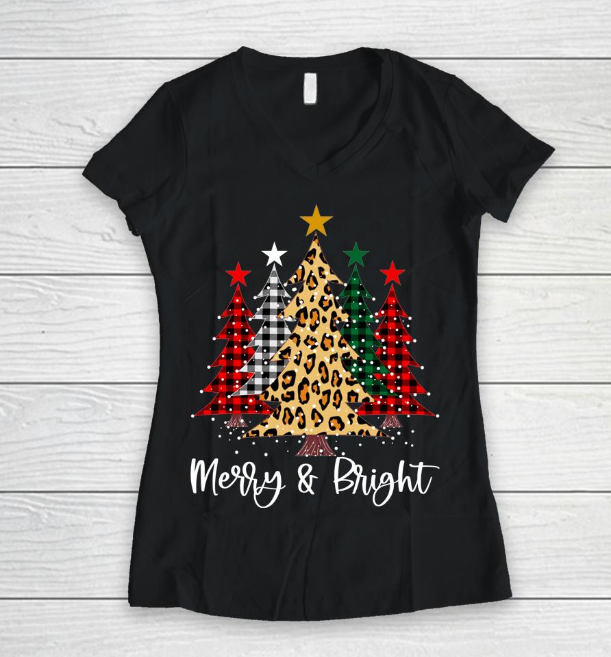 Merry And Bright Christmas Family Pajamas Matching Women V-Neck T-Shirt