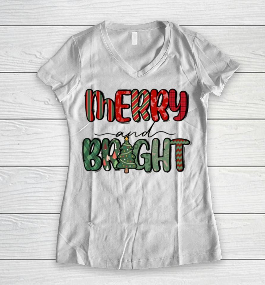 Merry And Bright Christmas Thanksgiving Women V-Neck T-Shirt