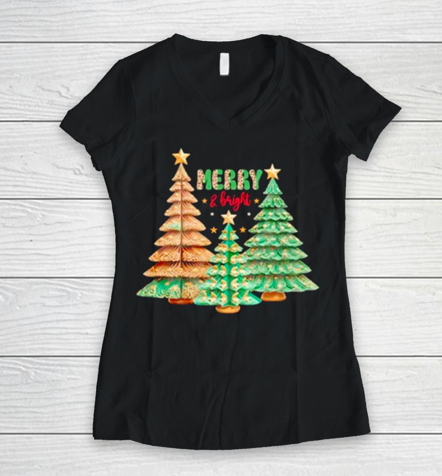Merry And Bright Christmas Trees Women V-Neck T-Shirt