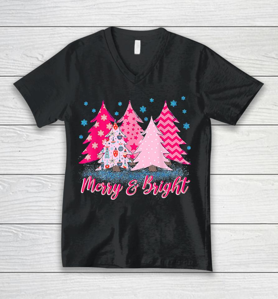 Merry And Bright Pink Christmas Tree Unisex V-Neck T-Shirt