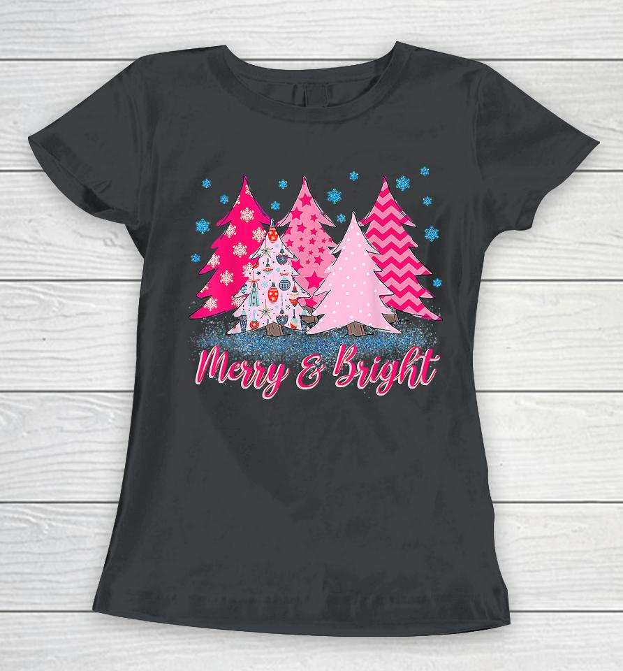 Merry And Bright Pink Christmas Tree Women T-Shirt