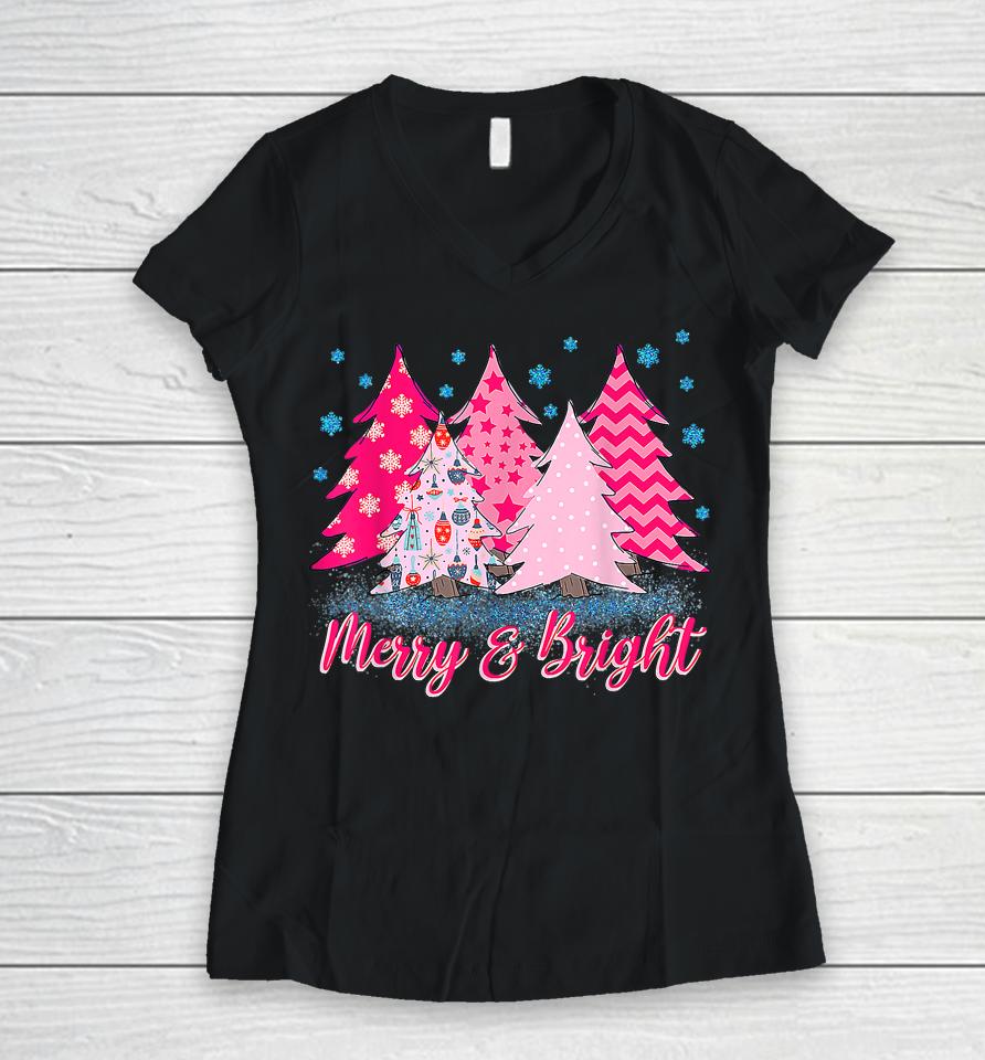Merry And Bright Pink Christmas Tree Women V-Neck T-Shirt