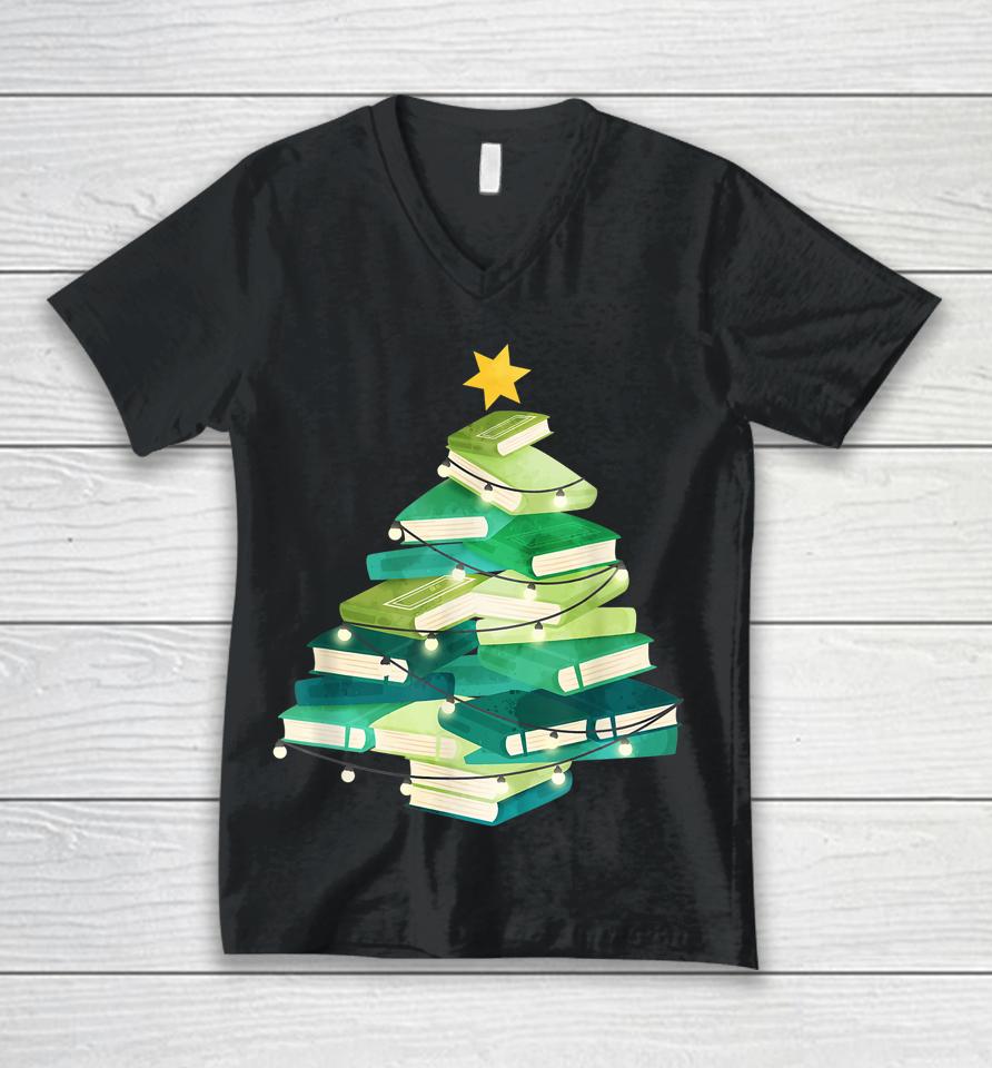 Merry Bookmas Books Pine Tree Funny Reading Lover Christmas Unisex V-Neck T-Shirt