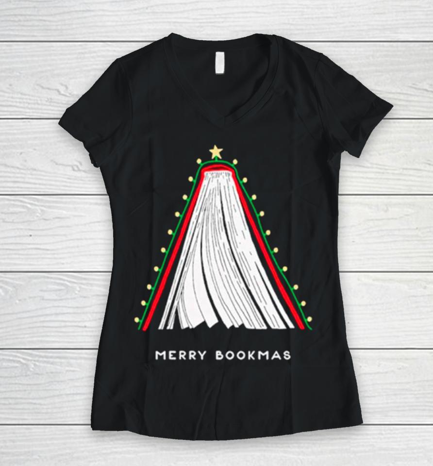Merry Bookmas Christmas Tree Women V-Neck T-Shirt