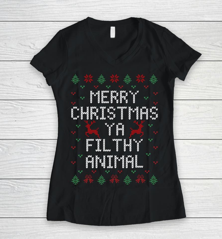 Merry Christmas Animal Filthy Ya Women V-Neck T-Shirt
