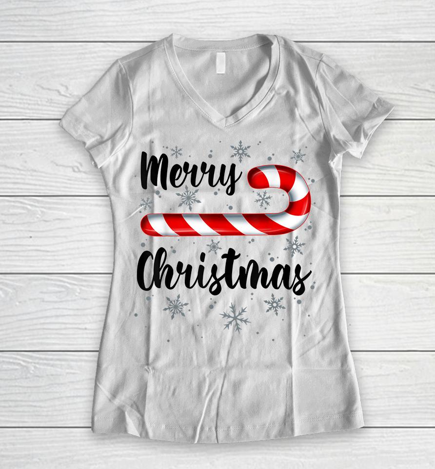 Merry Christmas Candy Cane Women V-Neck T-Shirt