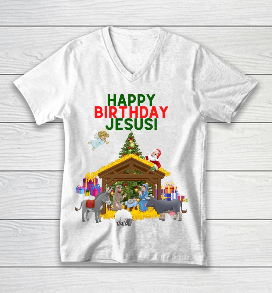Merry Christmas Christian Happy Birthday Jesus Christ Xmas Unisex V-Neck T-Shirt