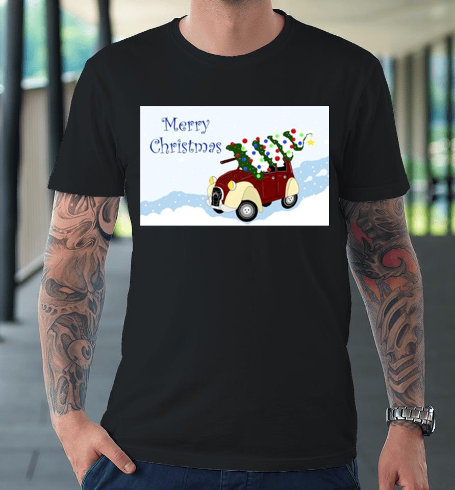Merry Christmas Fun Vintage Car With A Christmas Tree On Top Premium T-Shirt