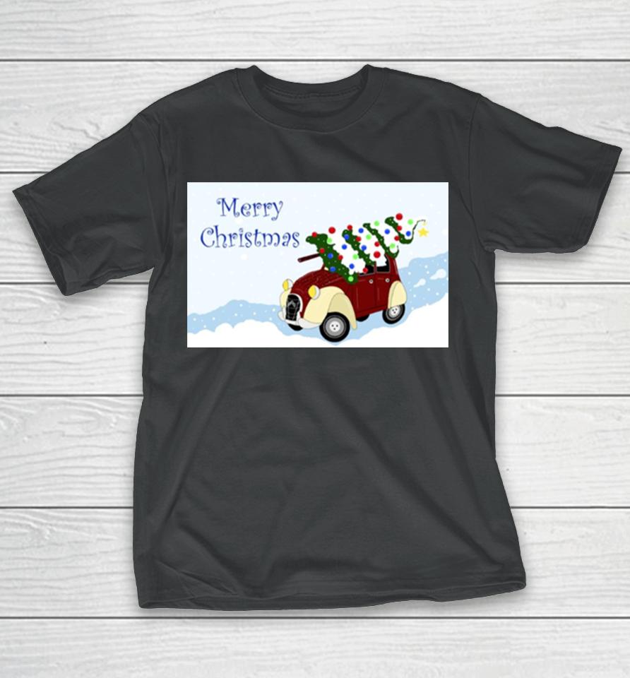 Merry Christmas Fun Vintage Car With A Christmas Tree On Top T-Shirt
