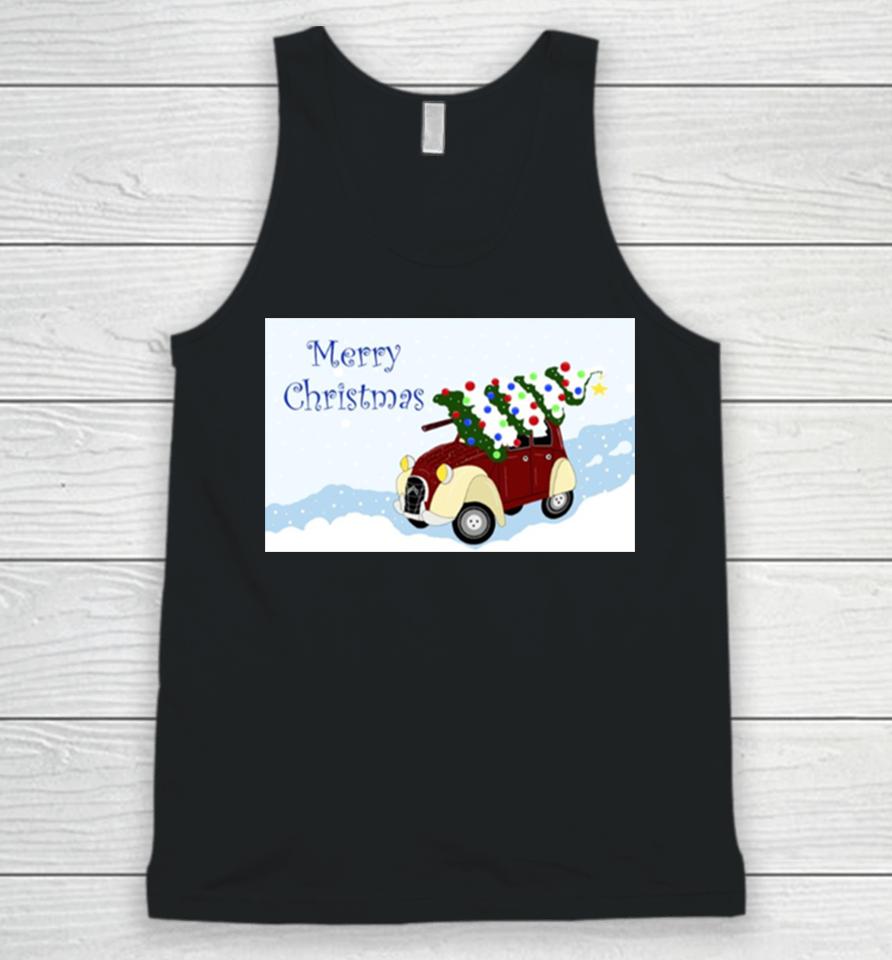 Merry Christmas Fun Vintage Car With A Christmas Tree On Top Unisex Tank Top