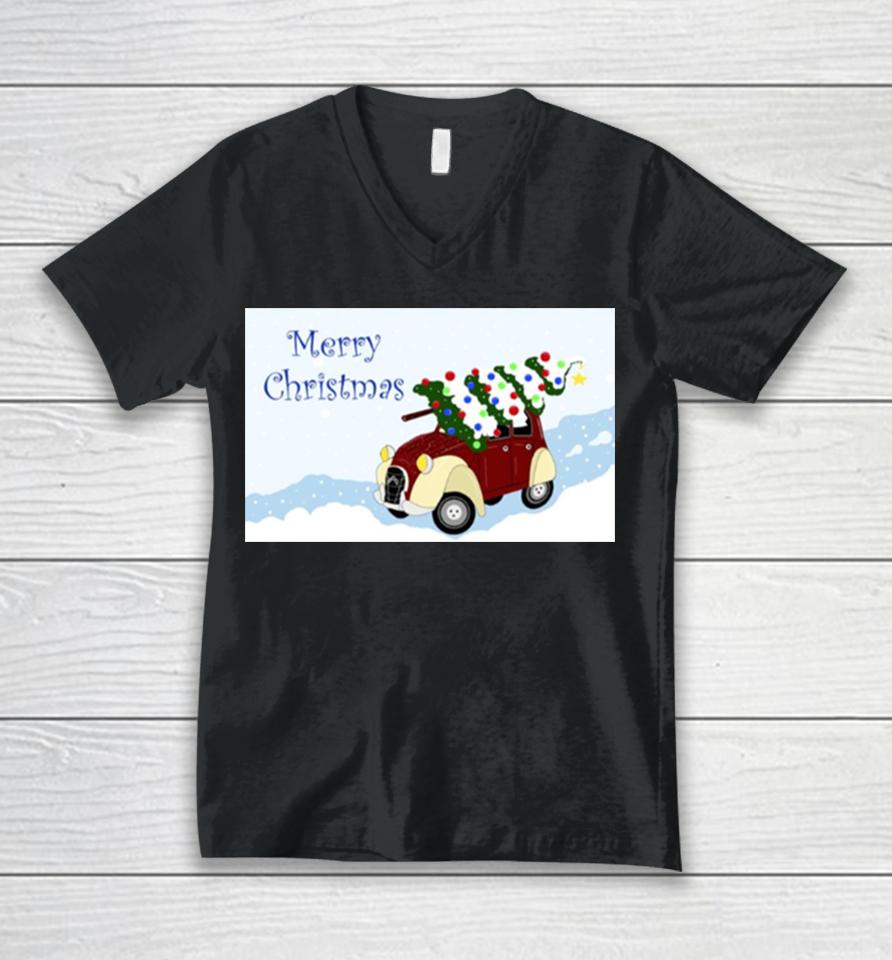 Merry Christmas Fun Vintage Car With A Christmas Tree On Top Unisex V-Neck T-Shirt