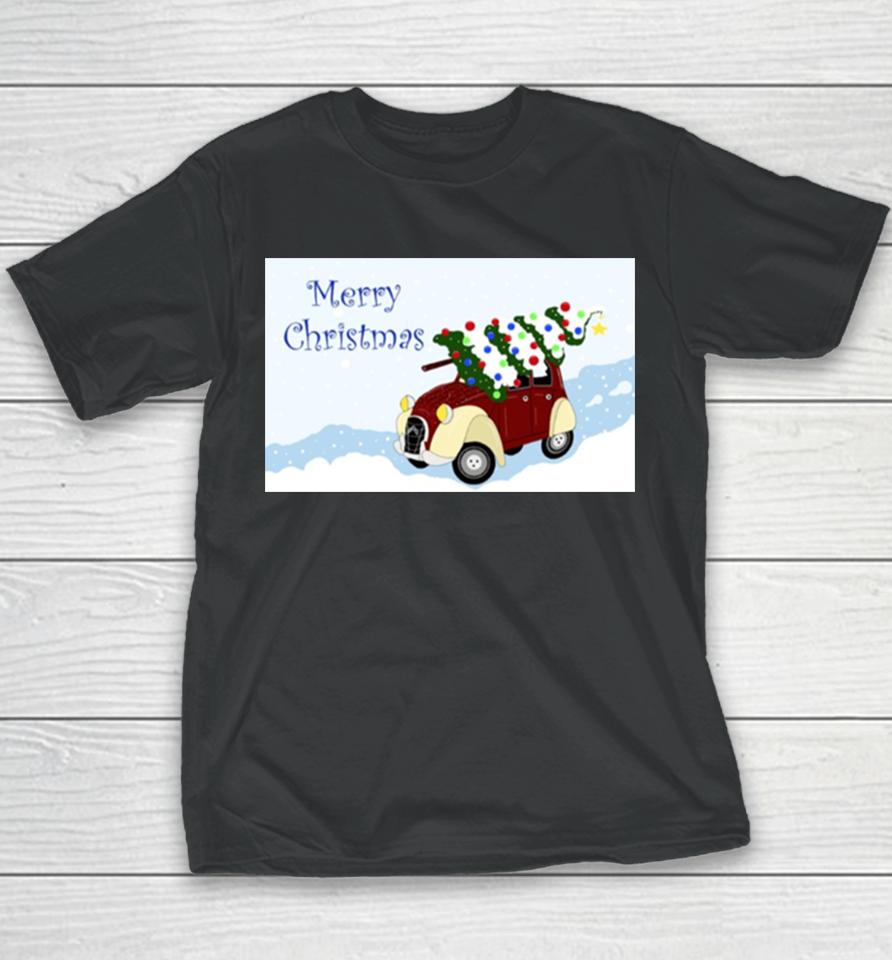 Merry Christmas Fun Vintage Car With A Christmas Tree On Top Youth T-Shirt