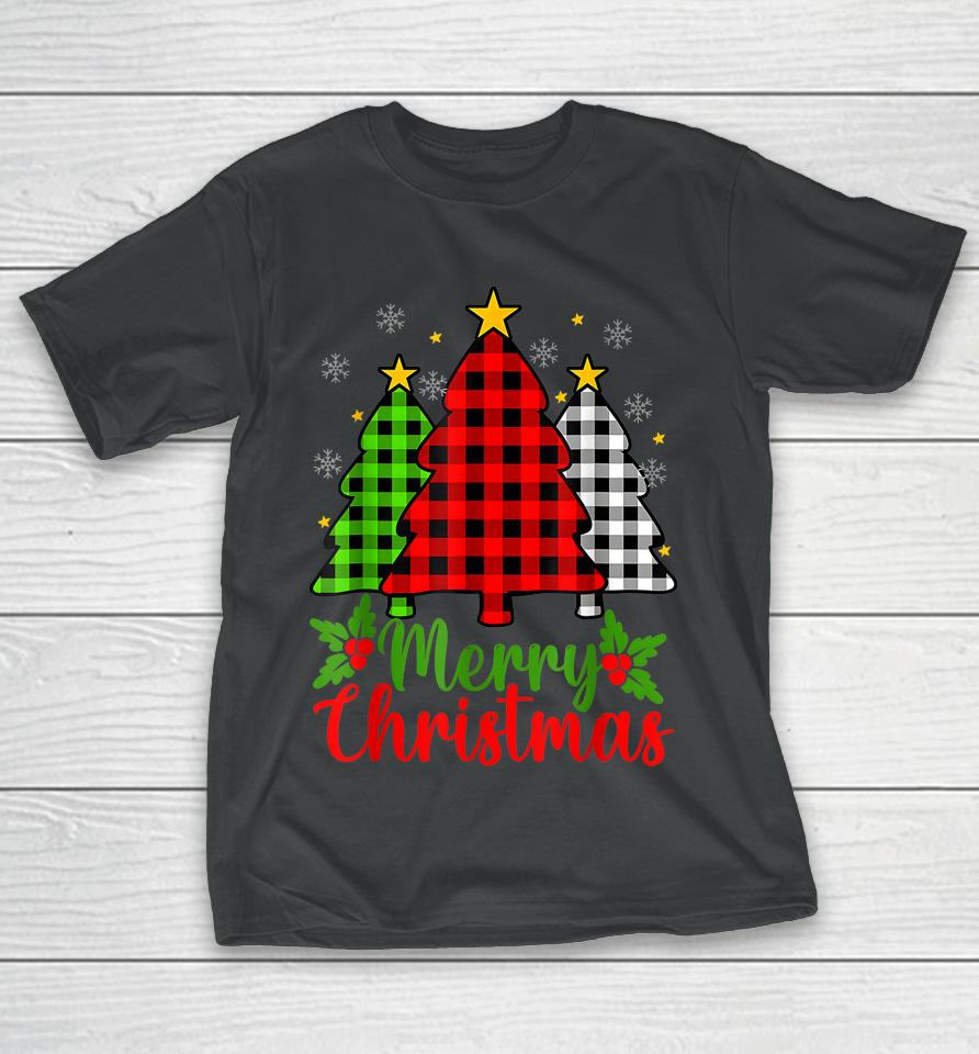 Merry Christmas Tree Buffalo Plaid Red White Green Cute Xmas T-Shirt
