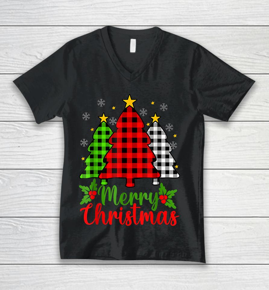 Merry Christmas Tree Buffalo Plaid Red White Green Cute Xmas Unisex V-Neck T-Shirt