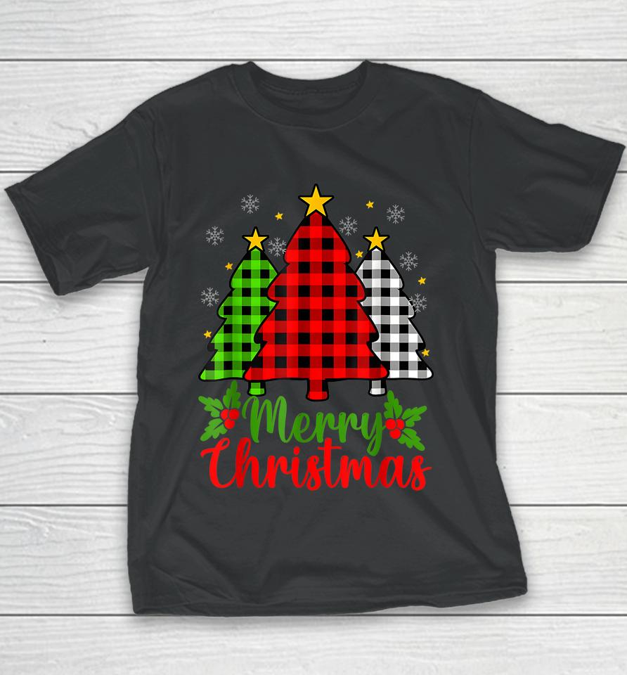Merry Christmas Tree Buffalo Plaid Red White Green Cute Xmas Youth T-Shirt