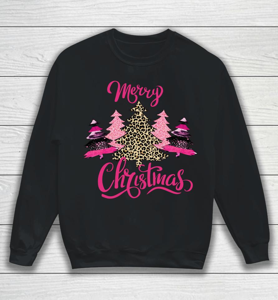 Merry Christmas Womens Girls Pink Tree Christmas Leopard Sweatshirt