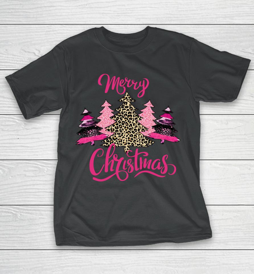 Merry Christmas Womens Girls Pink Tree Christmas Leopard T-Shirt