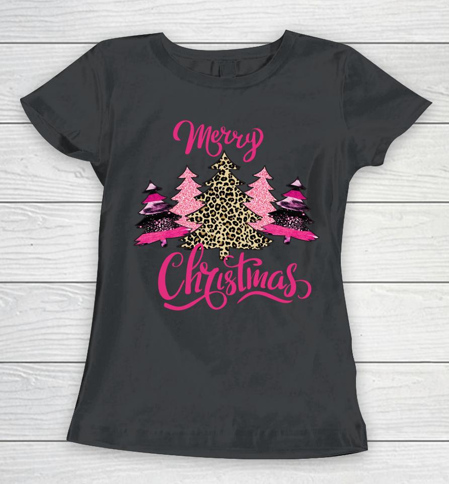 Merry Christmas Womens Girls Pink Tree Christmas Leopard Women T-Shirt
