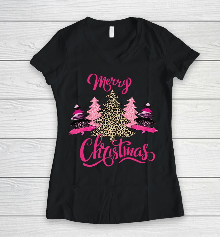 Merry Christmas Womens Girls Pink Tree Christmas Leopard Women V-Neck T-Shirt