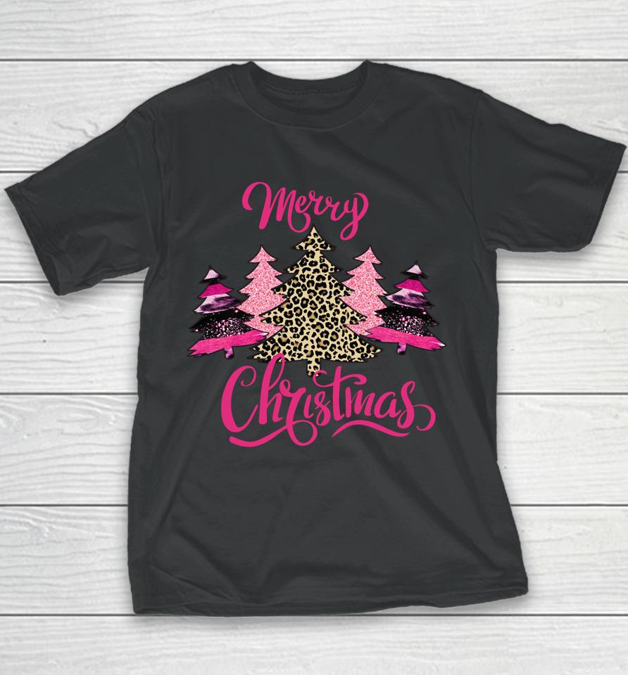 Merry Christmas Womens Girls Pink Tree Christmas Leopard Youth T-Shirt
