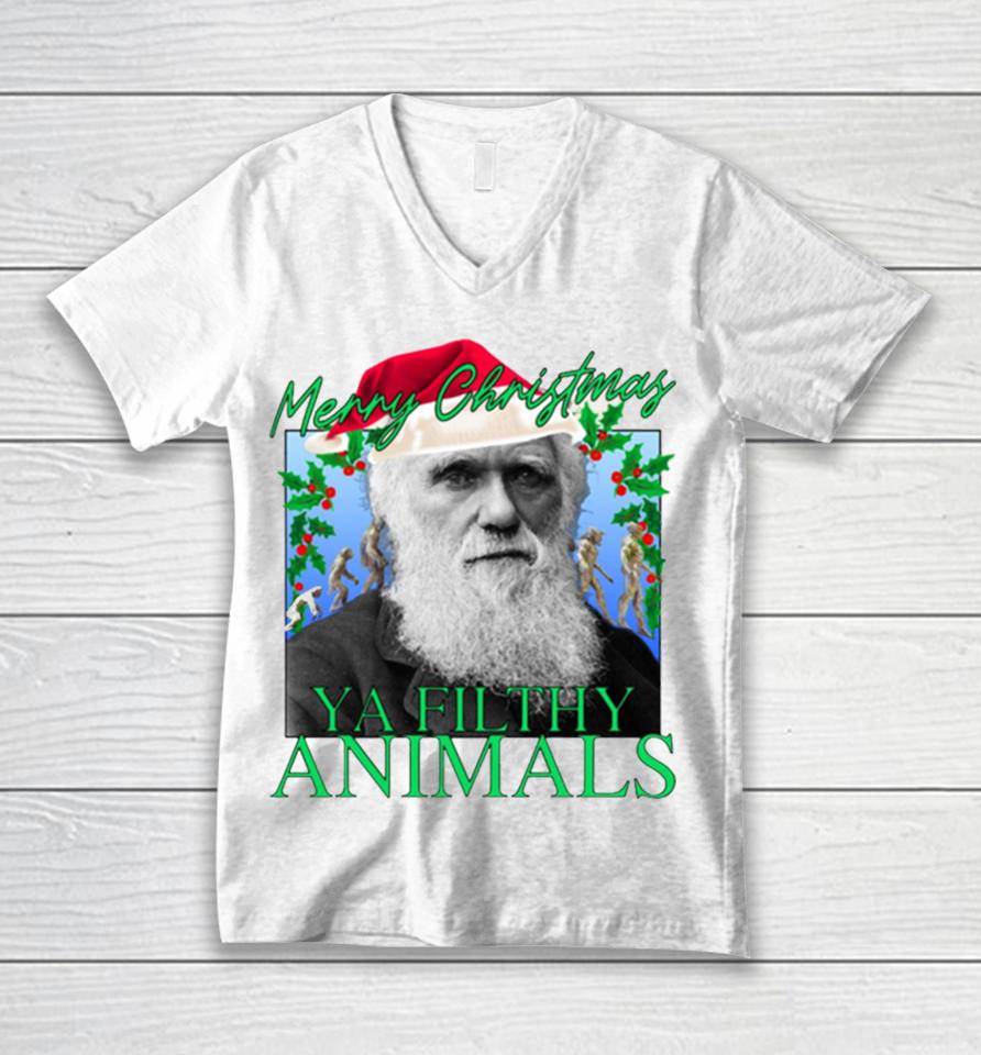 Merry Christmas Ya Filthy Animals Charles Darwin Santa Unisex V-Neck T-Shirt