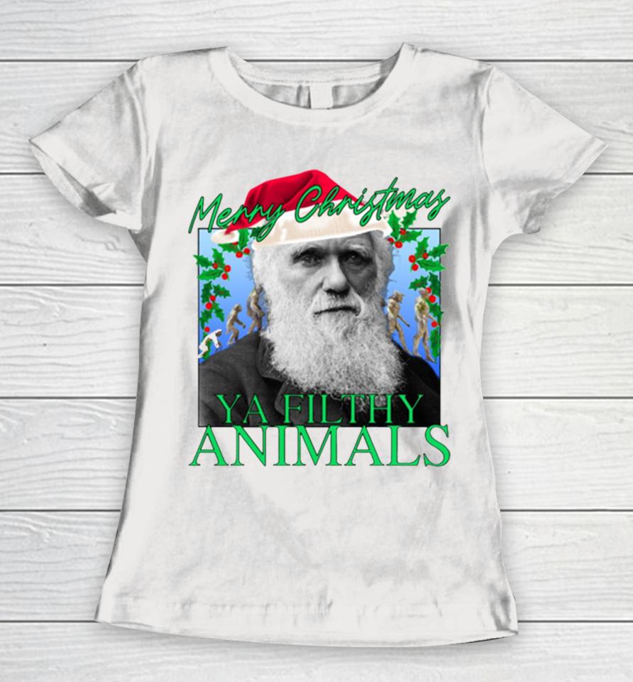Merry Christmas Ya Filthy Animals Charles Darwin Santa Women T-Shirt