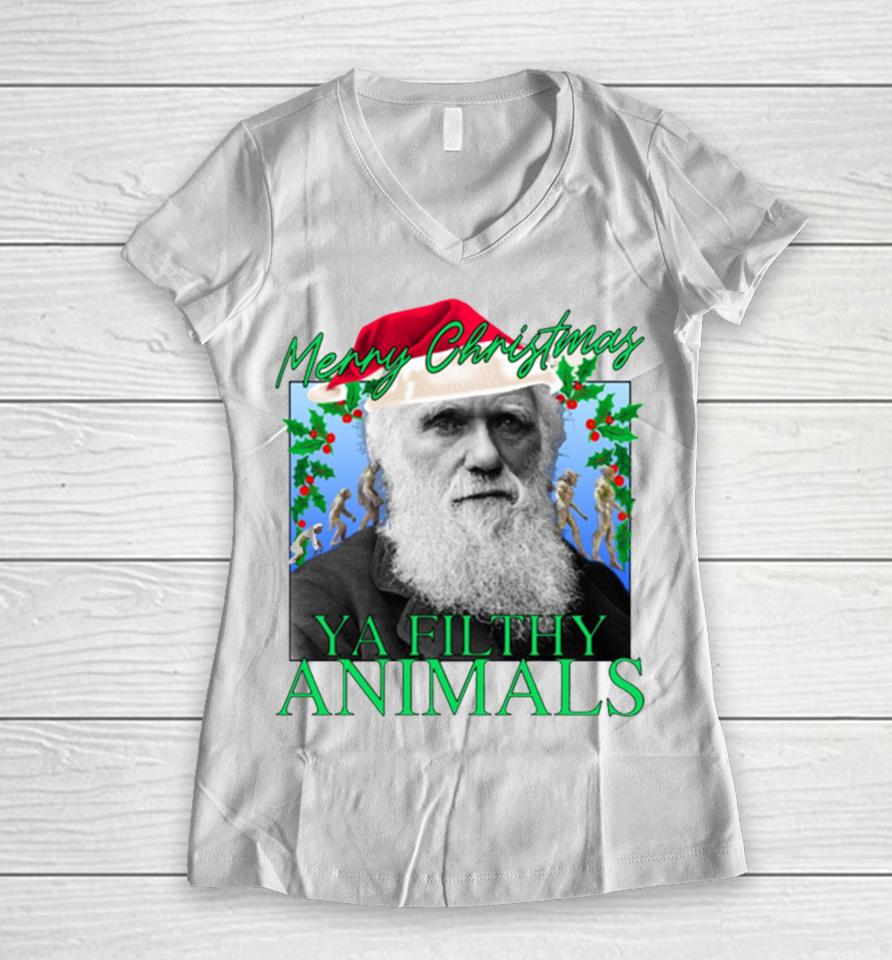 Merry Christmas Ya Filthy Animals Charles Darwin Santa Women V-Neck T-Shirt