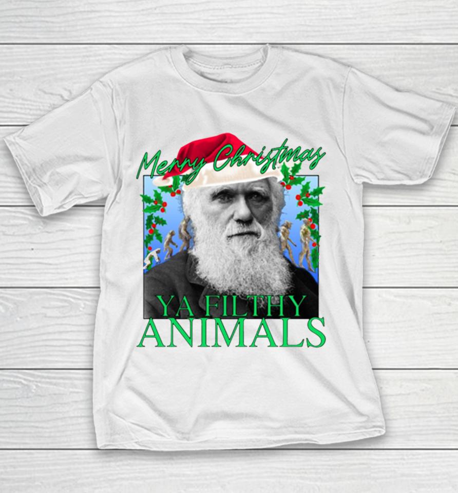 Merry Christmas Ya Filthy Animals Charles Darwin Santa Youth T-Shirt