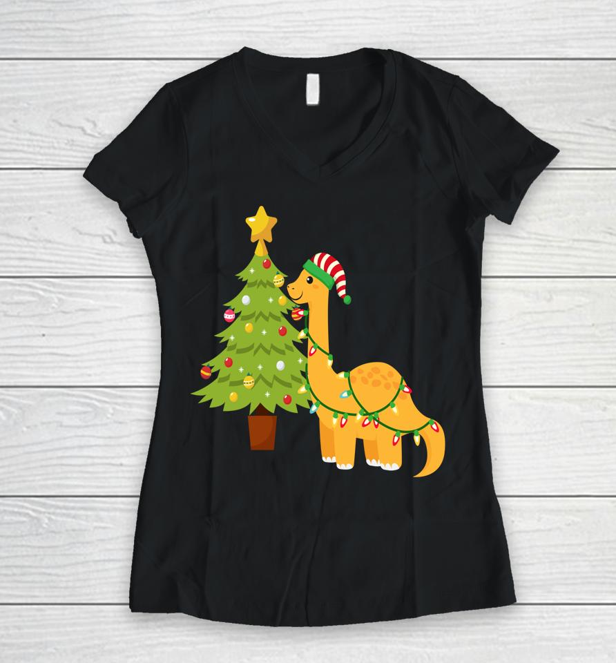 Merry Dino Christmas Women V-Neck T-Shirt