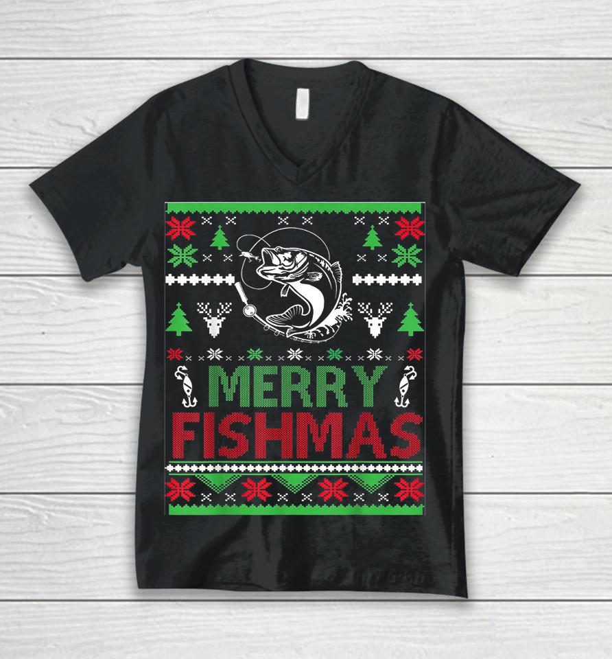Merry Fishmas Fishing Ugly Christmas Unisex V-Neck T-Shirt