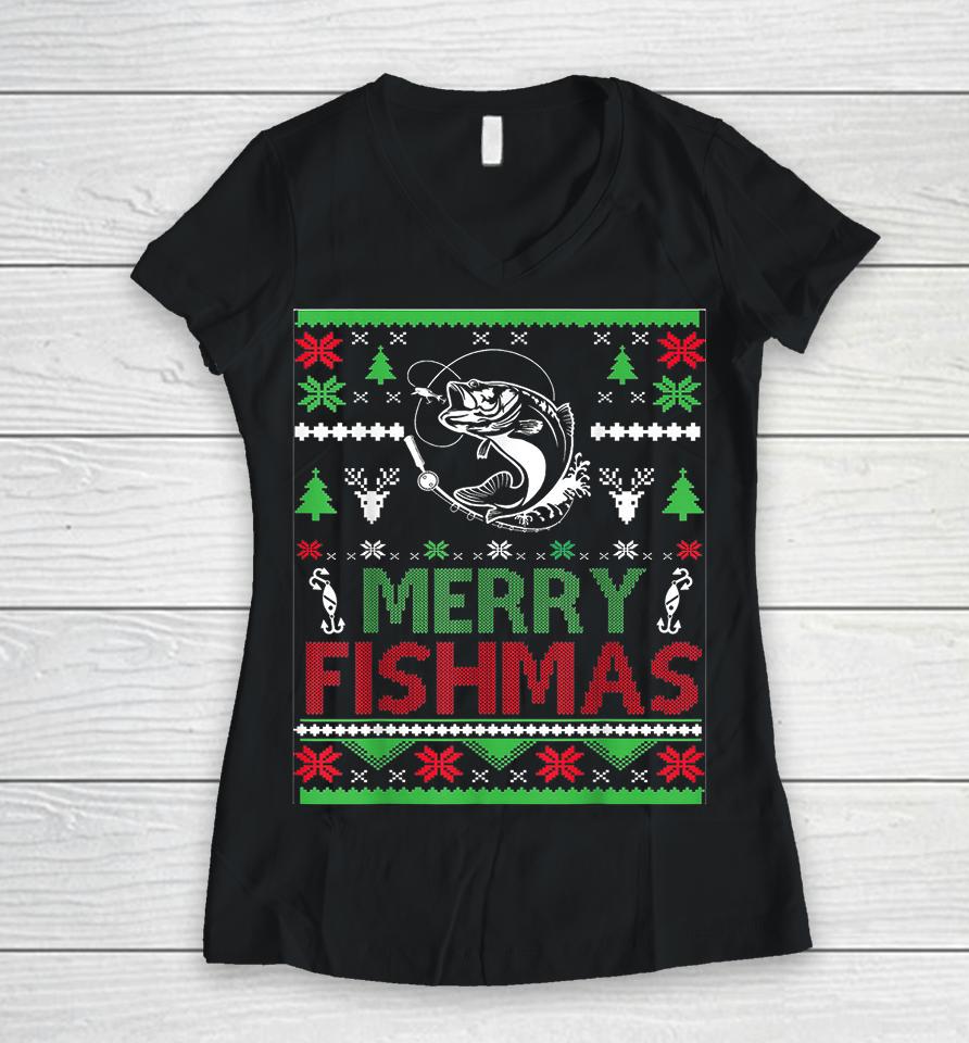 Merry Fishmas Fishing Ugly Christmas Women V-Neck T-Shirt