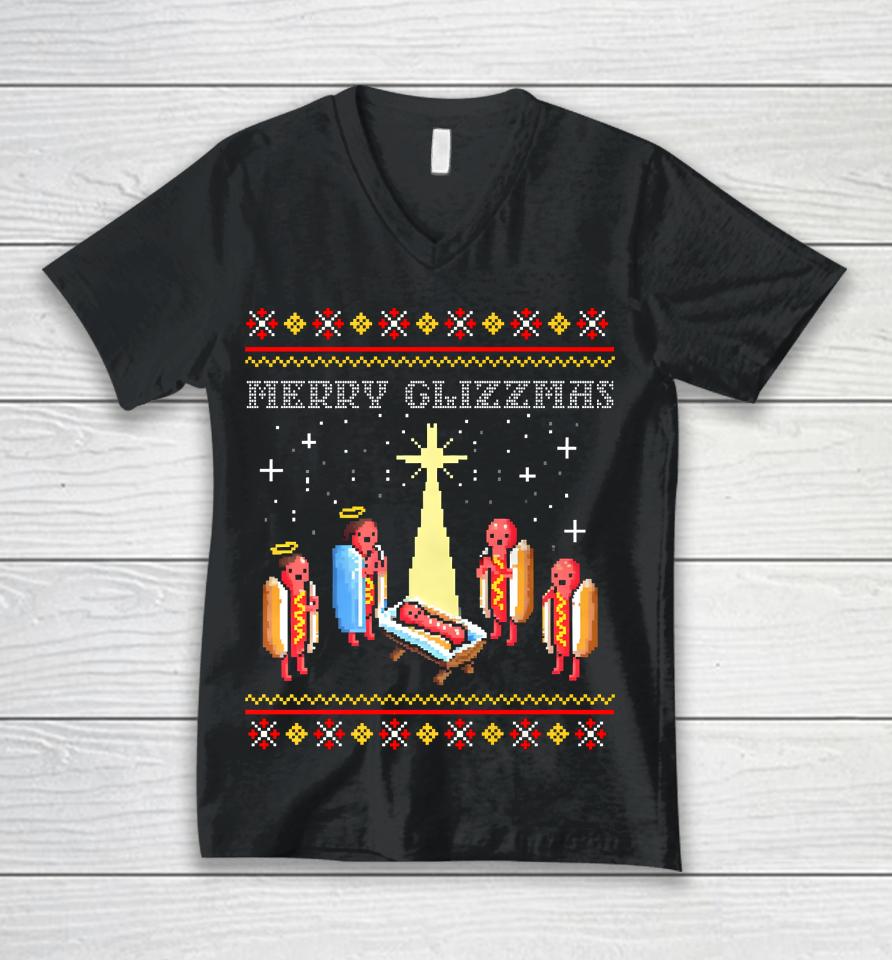 Merry Glizzmas Tacky Funny Merry Christmas Hot Dogs Unisex V-Neck T-Shirt