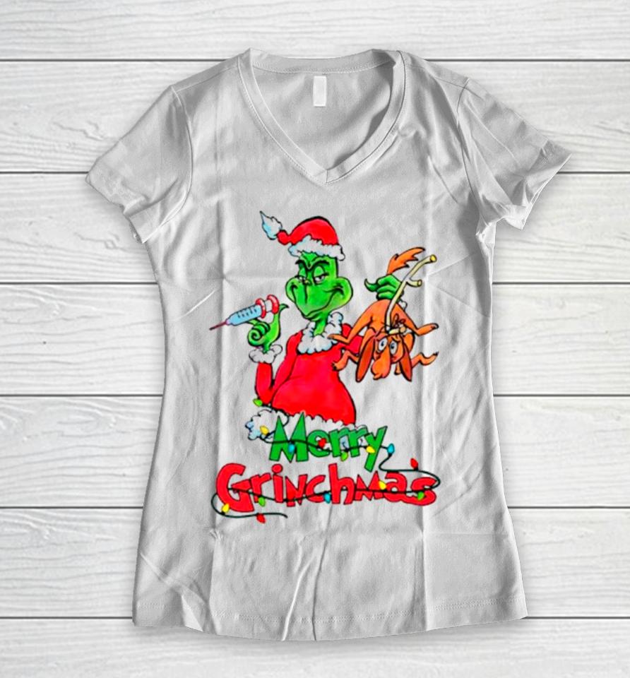 Merry Grinchmas Nurse Merry Christmas Women V-Neck T-Shirt