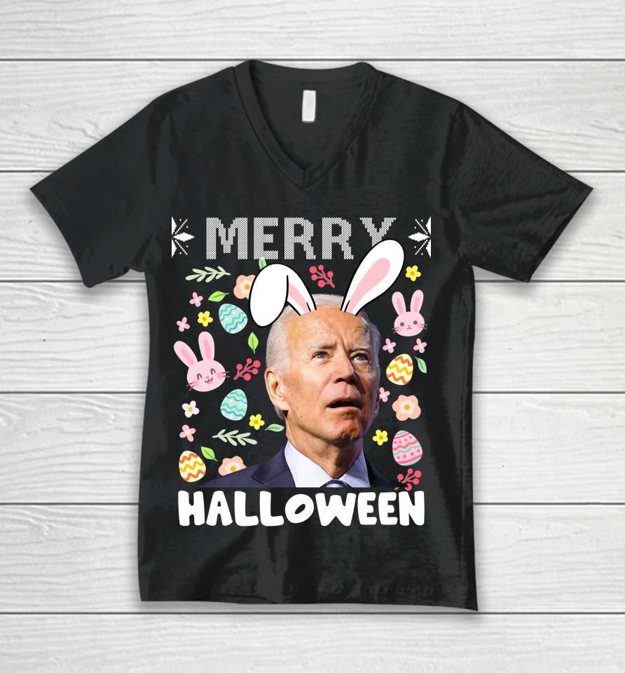 Merry Halloween Confused Joe Biden Bunny Easter Day 2022 Unisex V-Neck T-Shirt