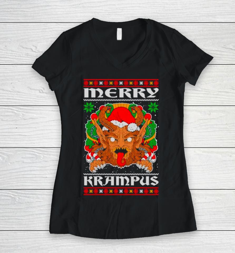 Merry Krampus Santa Folklore Figure Horror Ugly Christmas Women V-Neck T-Shirt