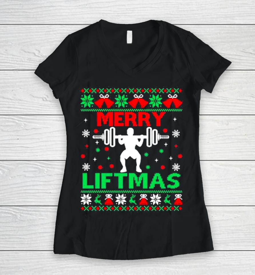 Merry Liftmas Fitness Ugly Christmas Workout Gym Women V-Neck T-Shirt