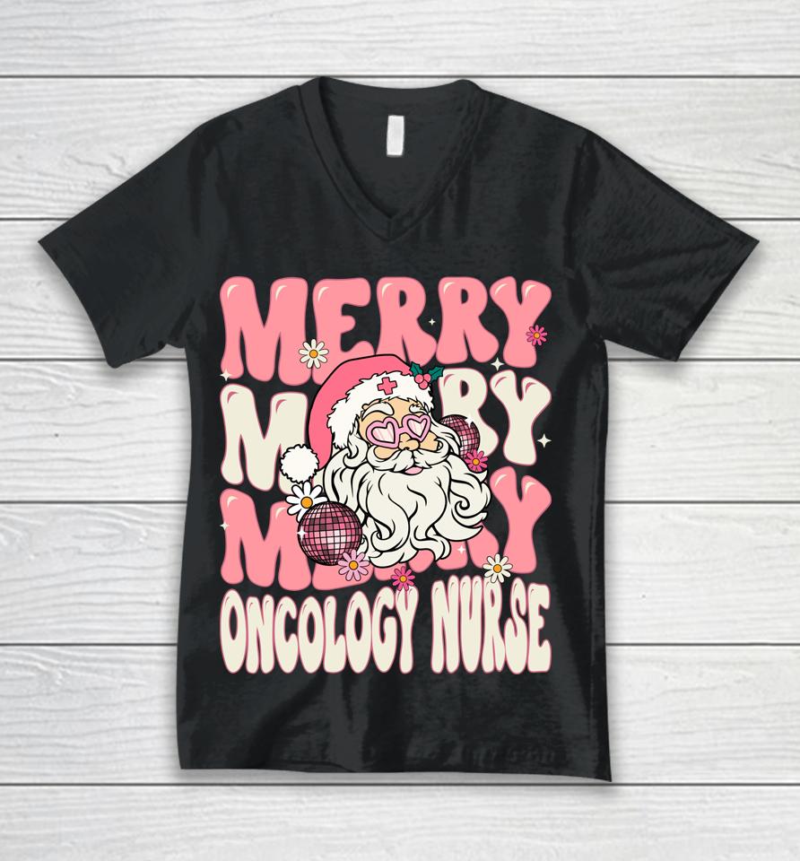 Merry Oncology Nurse Christmas Retro Pink Oncology Nurse Unisex V-Neck T-Shirt