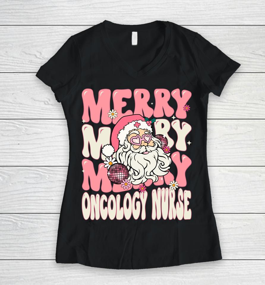 Merry Oncology Nurse Christmas Retro Pink Oncology Nurse Women V-Neck T-Shirt