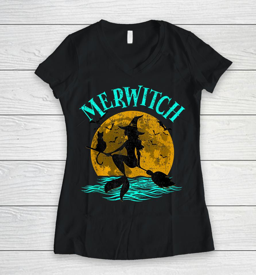 Merwitch Broomstick Halloween Costume Mermaid Witch And Cat Women V-Neck T-Shirt